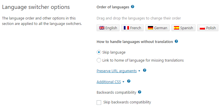 A seção principal de opções de seletor de idioma