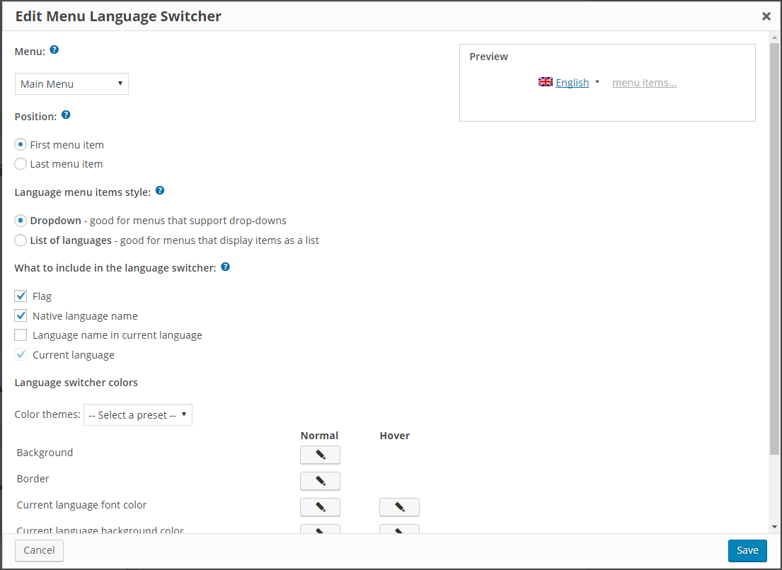 Configurações do menu seletor de idioma