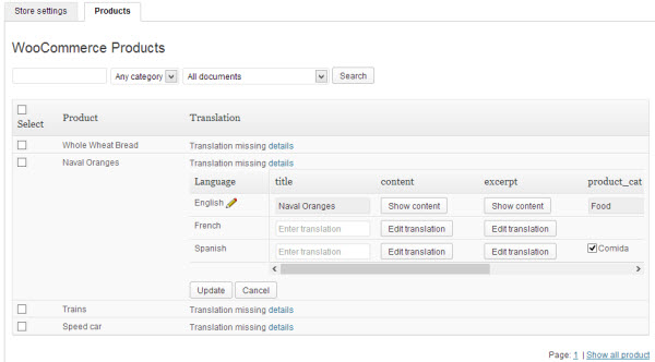 WooCommerce Multilingual products table (click to zoom)