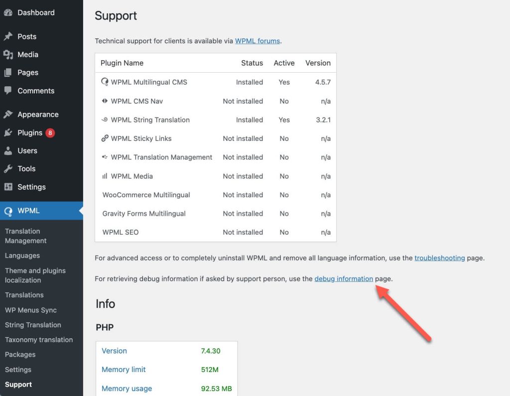 Debug information link in WPML Support