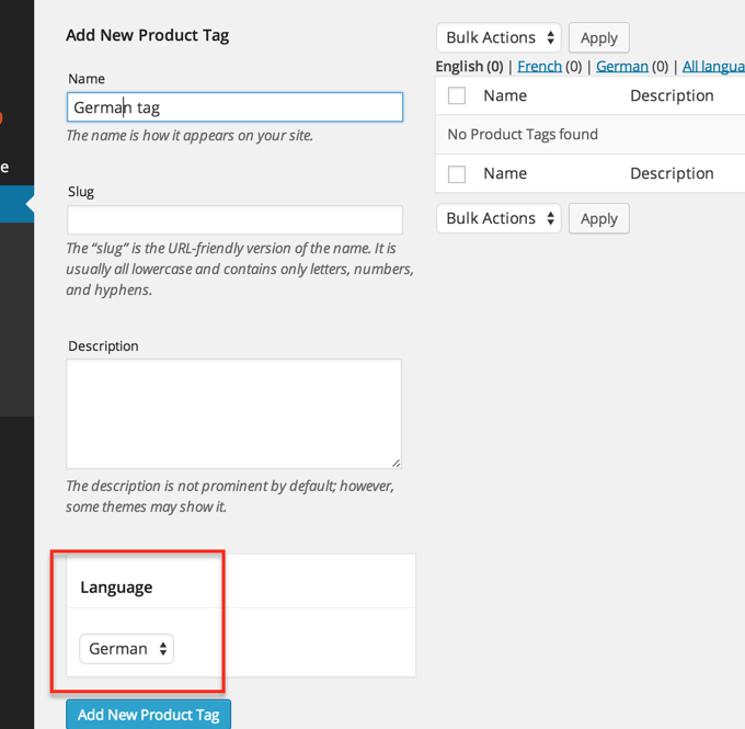 Setting the language for products taxonomies