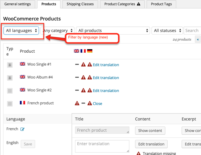 Filtering the products by language and translations.