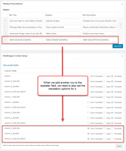 Setting the translation options for additional repeater rows