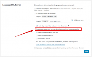 The "Pass session arguments between domains through the language switcher" option.