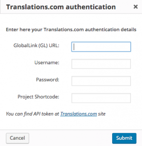 Translations.com authentication dialog window