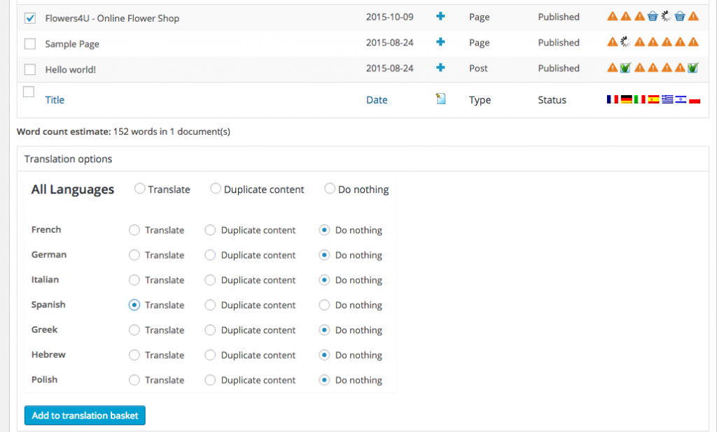 Sending a page for Translation