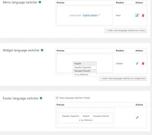 All the previews are shown on the main Languages page, so you can see how all the language switchers in your site look like