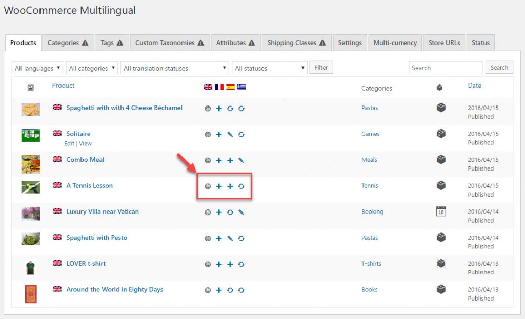 Adding or editing product translation from the main WooCommerce Multilingual page