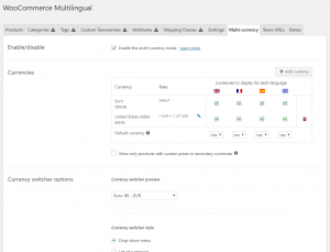 Multi-currency settings page in WooCommerce Multilingual