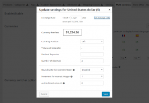 Dialog to set up options for a specific currency
