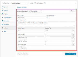 Custom product add-ons tab on the product editing page