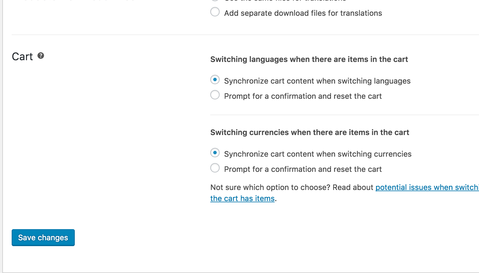 The new options to reset the cart when switching languages or currencies in WooCommerce Multilingual 4.0
