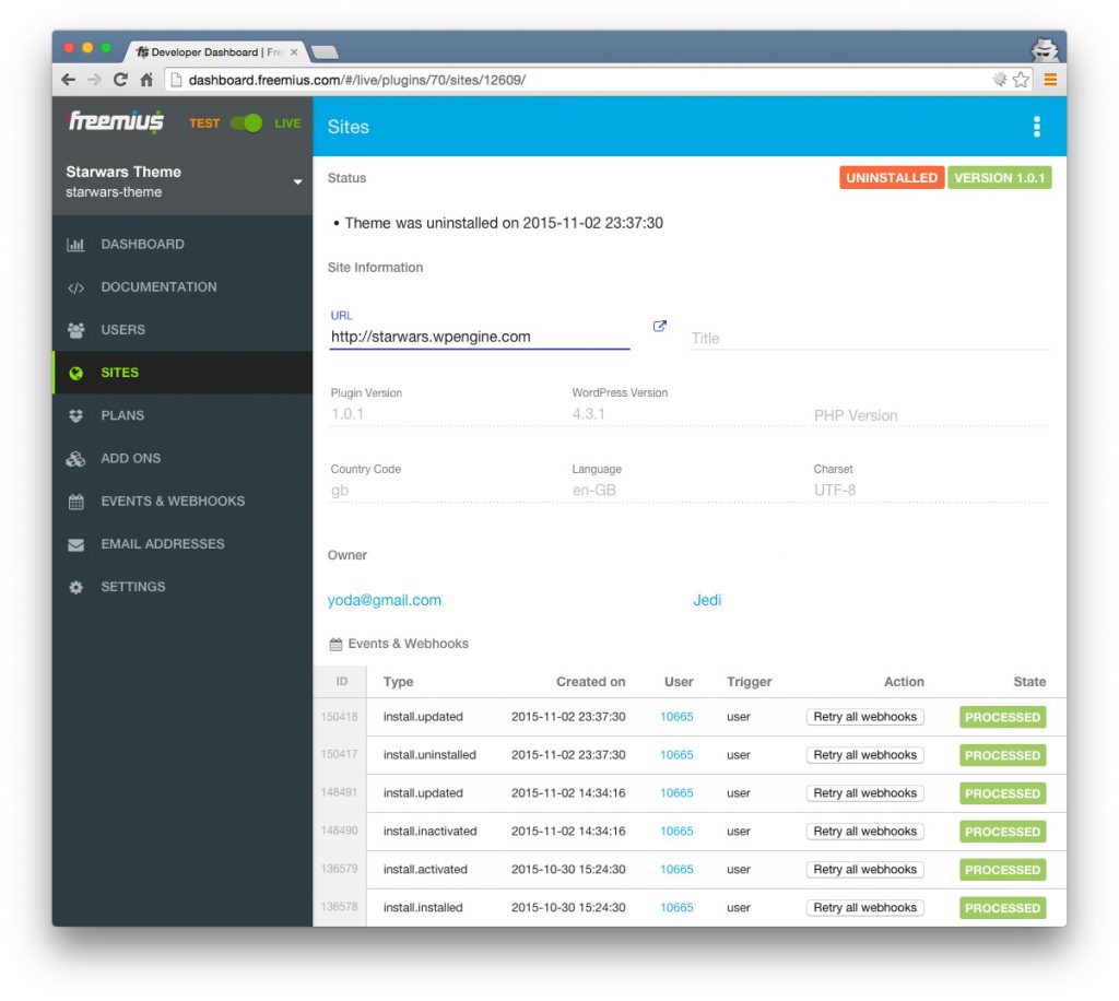 Freemius Dashboard - Site details and events