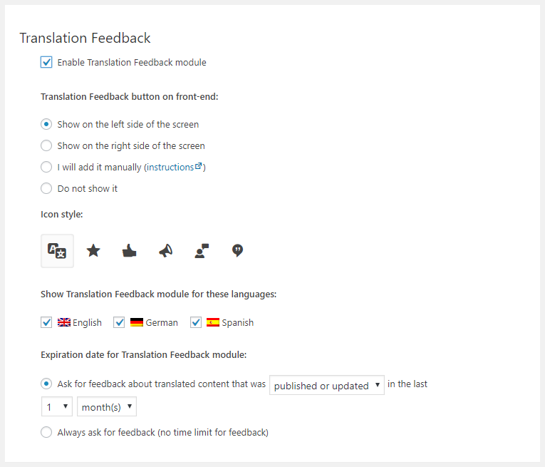 Translation Feedback Settings