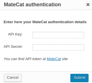 MateCat authentication dialog window