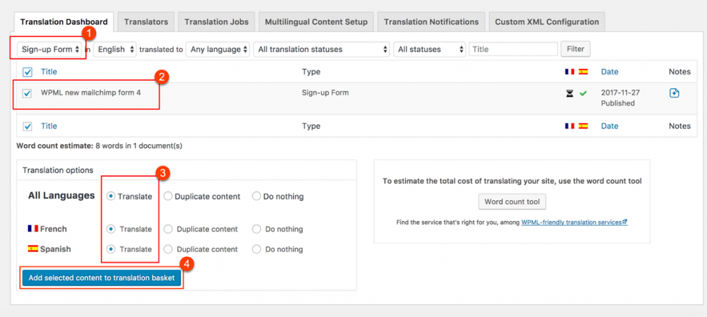 Sending MailChimp for WordPress forms for translation