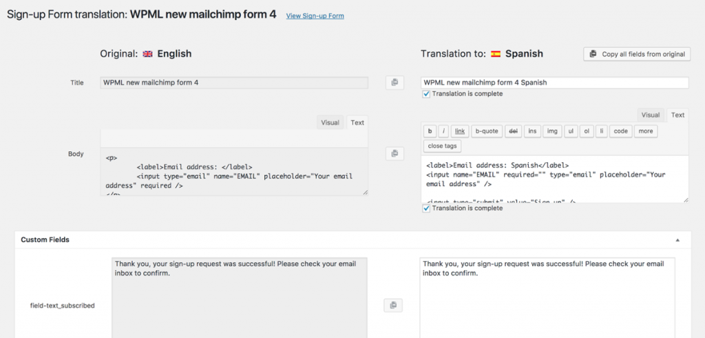 Translating forms using WPML Translation Editor