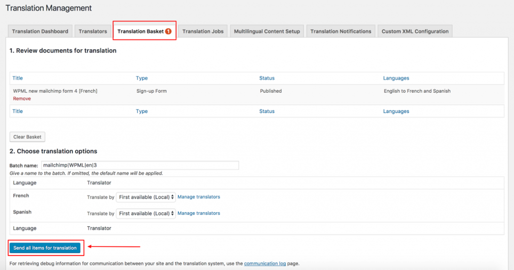 Sending the jobs to translation - Translation Basket