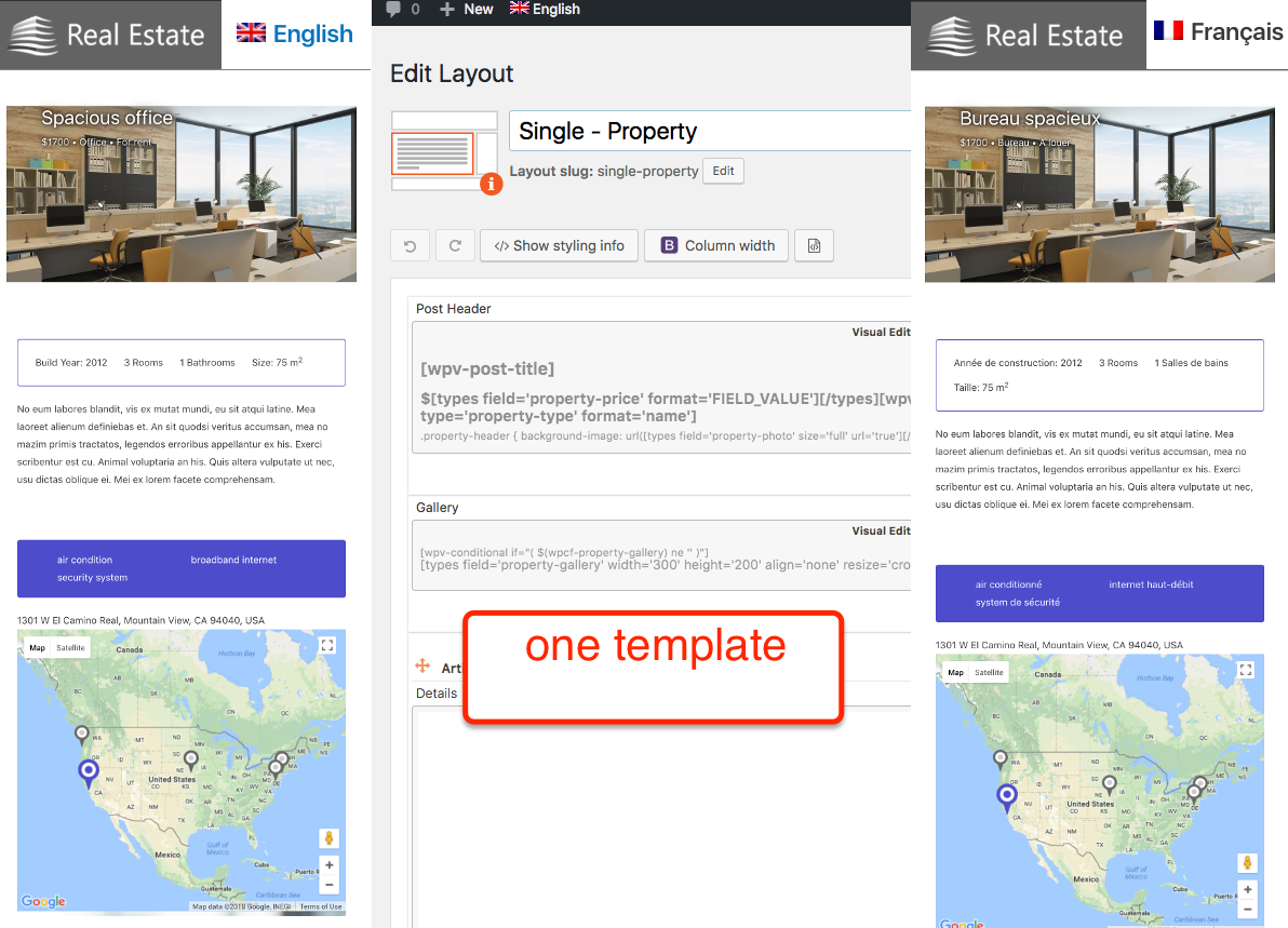 Create your templates once and translate only the content. Template layout for property pages created with Toolset plugins