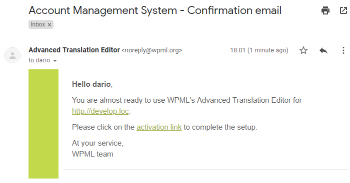 Email with the activation link for the Advanced Translation Editor