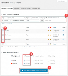 Using Translation Management Dashboard to send content for translation