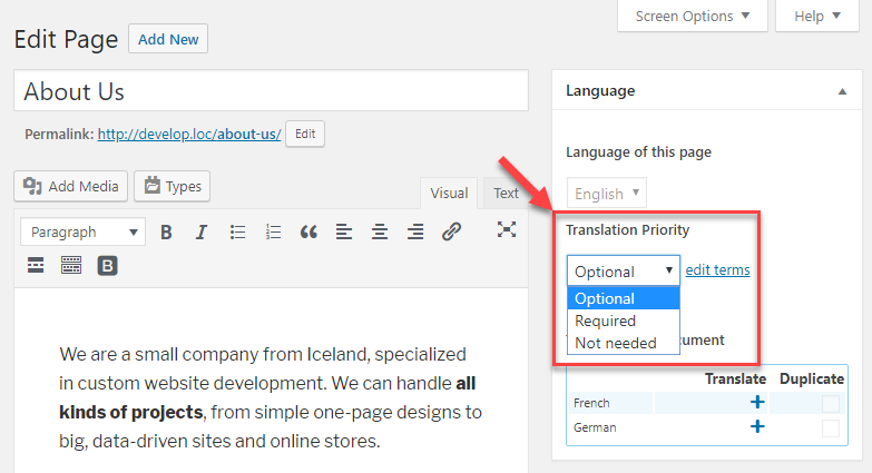 Translation Priority setting when editing a post or a page