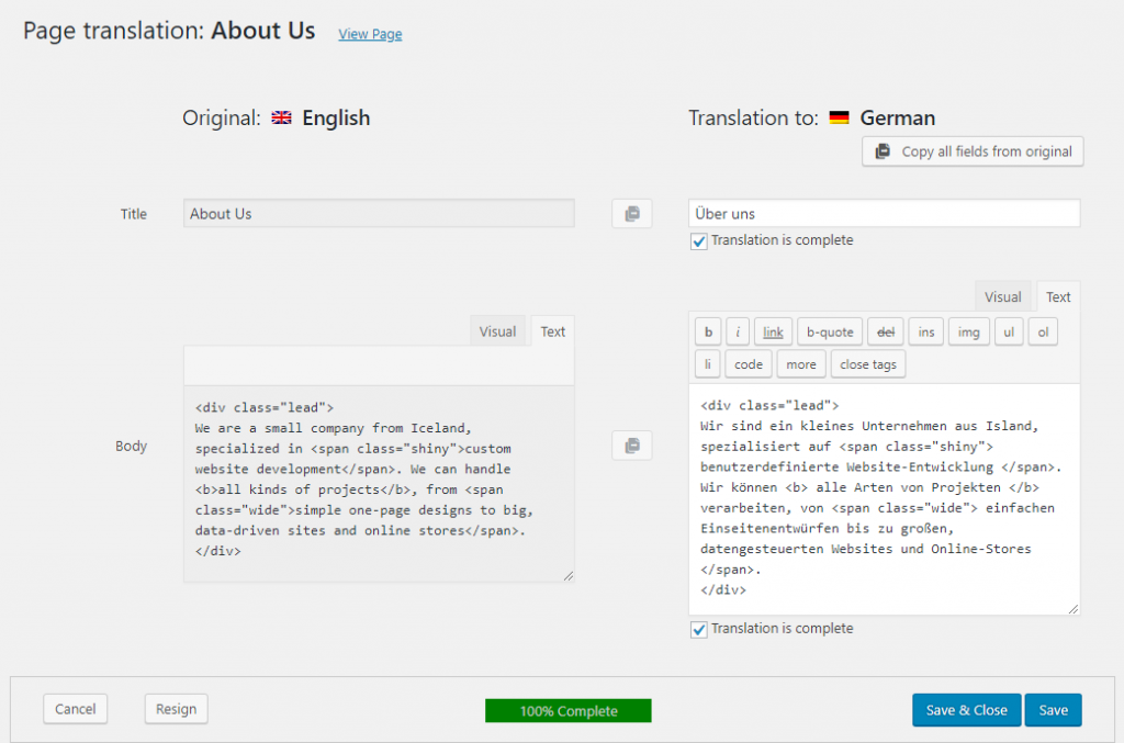 Translation tools available with WPML WPML