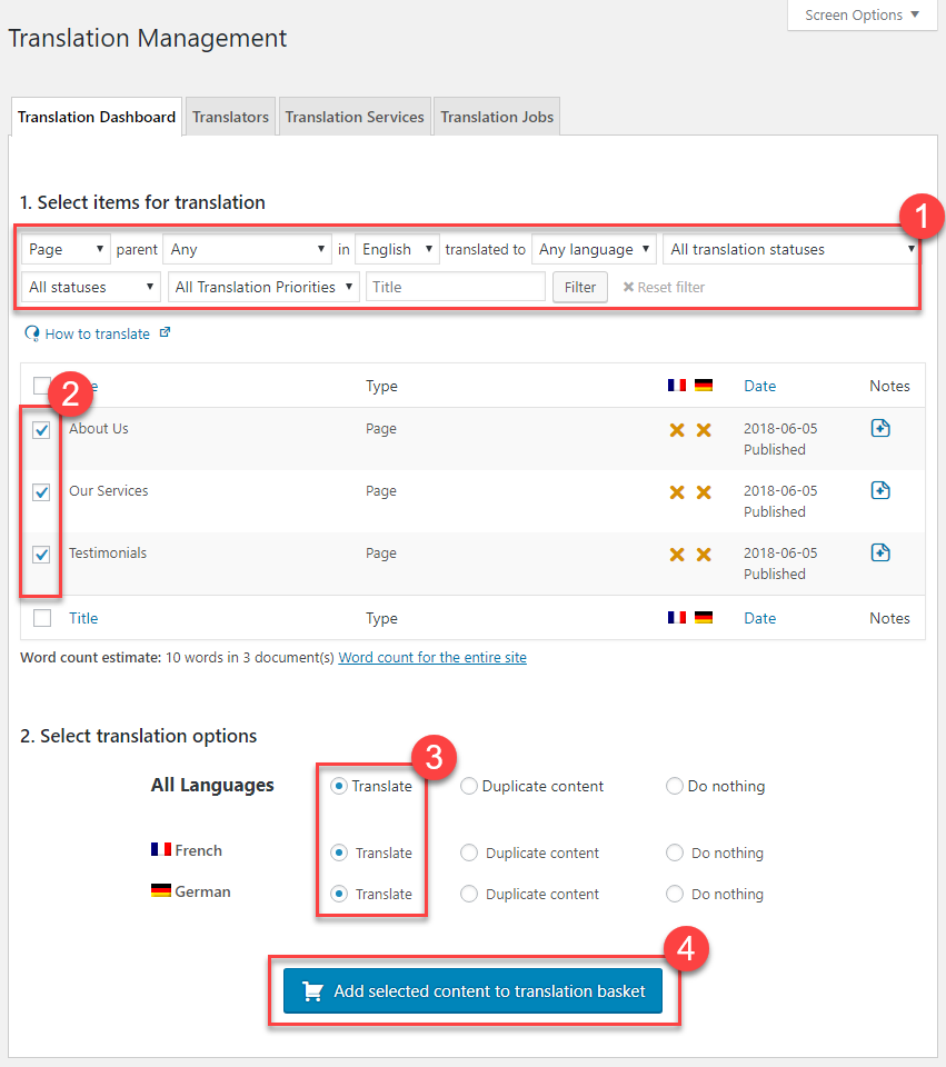 Sending pages for translation using Translation Management Dashboard