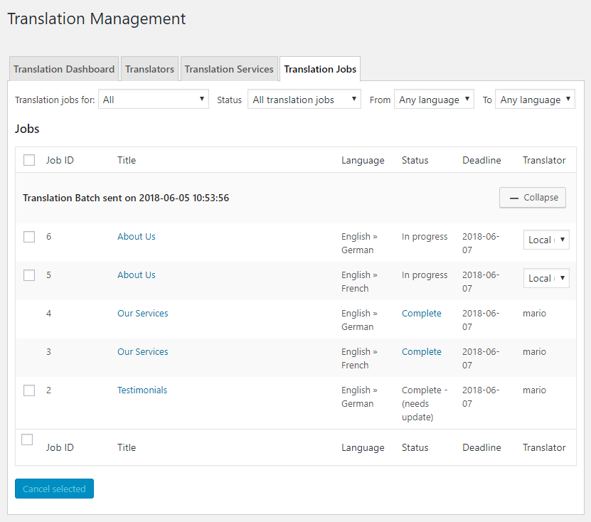Translation Jobs page