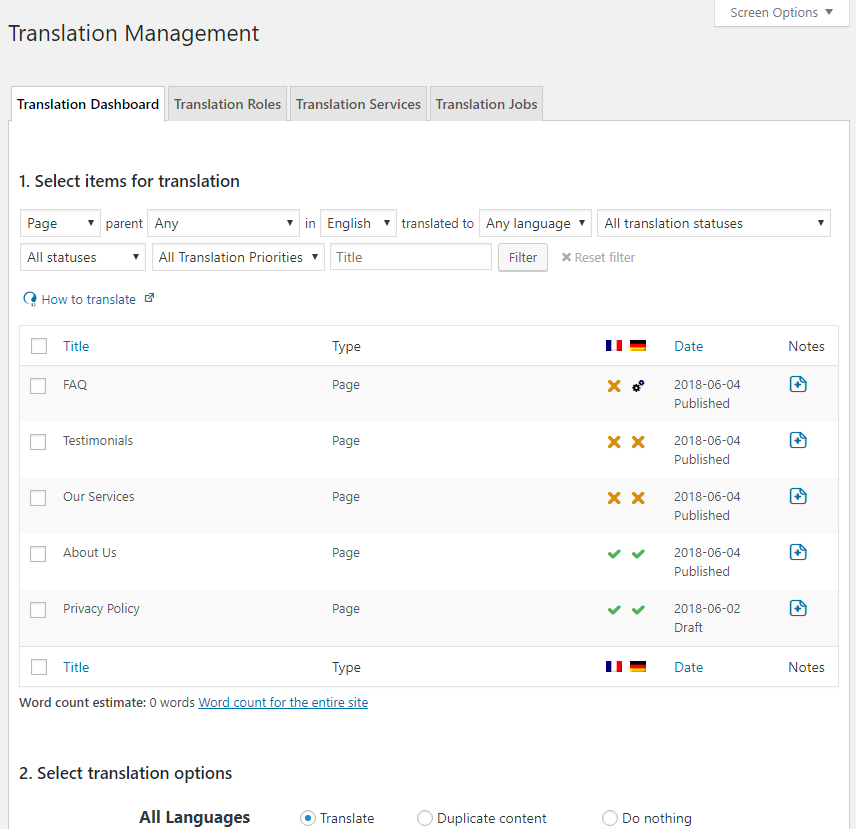 WPML Translation Management Dashboard