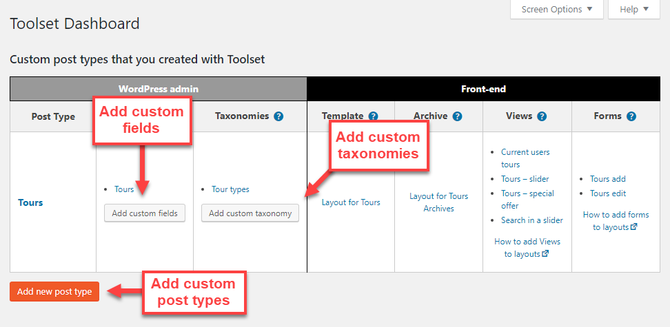 Use Toolset Dashboard to easily create custom post types, fields, and taxonomies