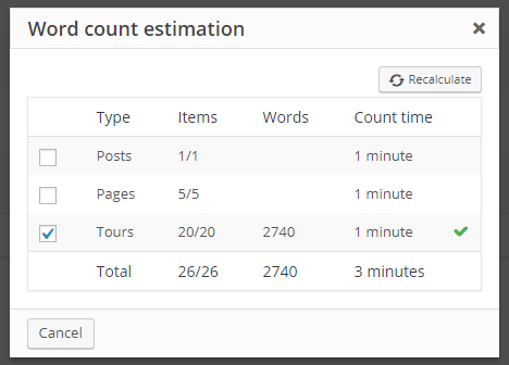 Word count estimation pop-up for whole post types