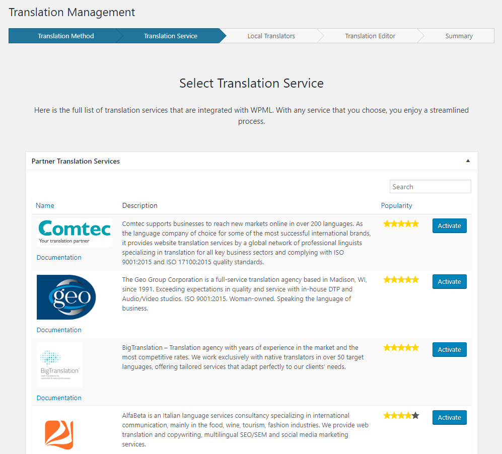 Selecting a translation service in WPML