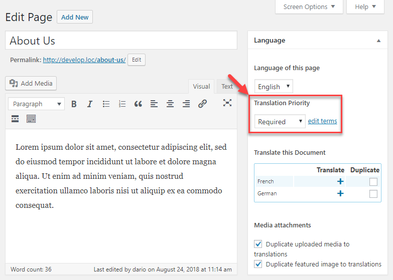 Translation priority option when editing your content