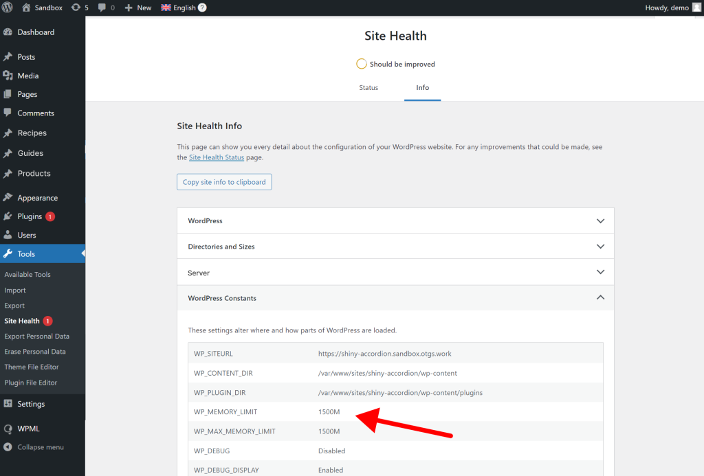 WP memory limit in Site Health