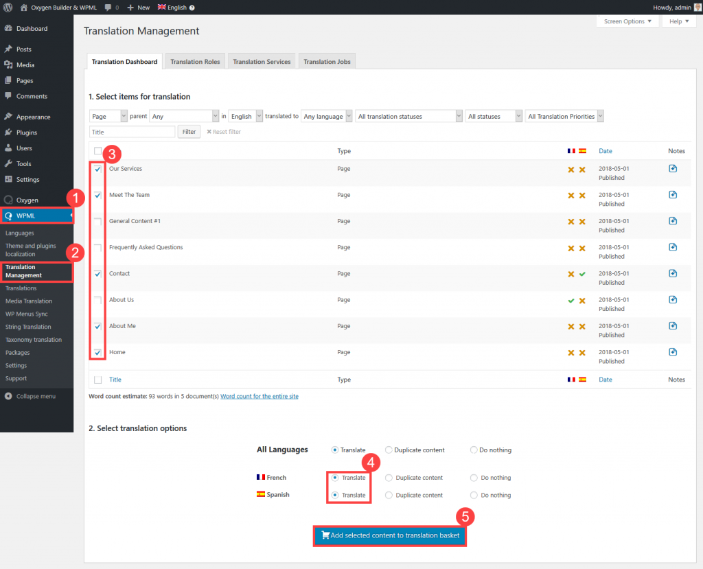 Choose the pages you want to add to the translation basket