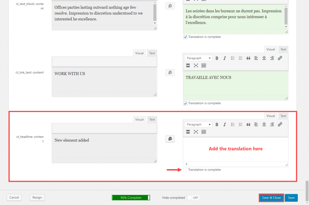 Translate the content of an added element