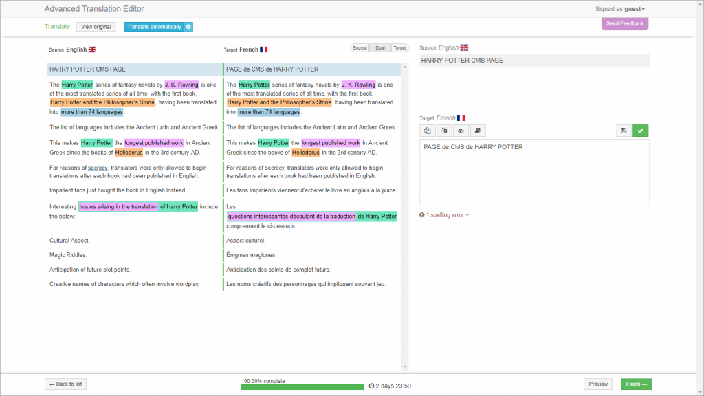 The Advanced Translator Editor interface