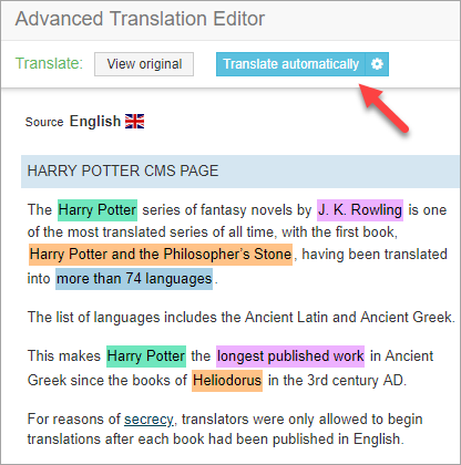 Traduzione automatica dei contenuti nell'editor di traduzione avanzato