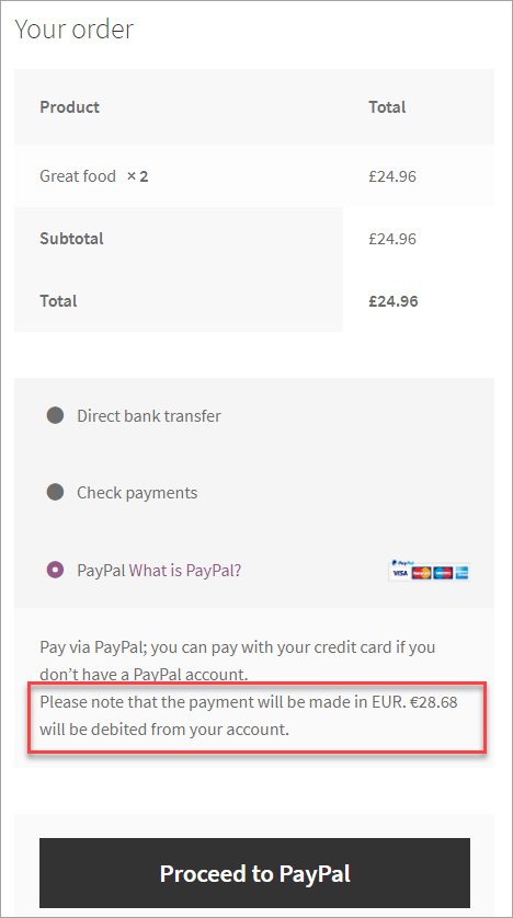 Payment notice on a checkout page