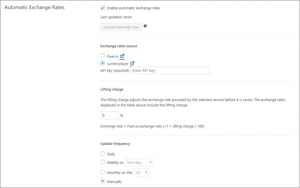 Settings for the automatic exchange rates