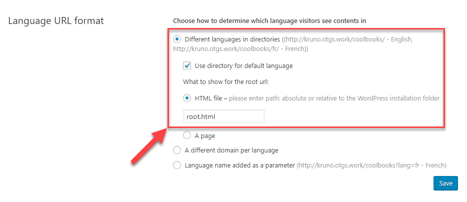 Directorio para la lengua por defecto