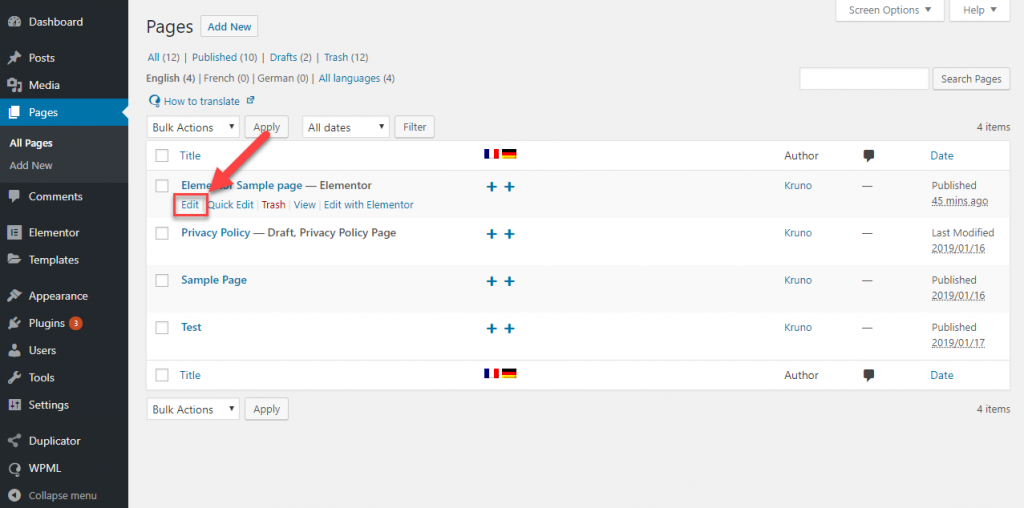 Click on the edit link of the default language page