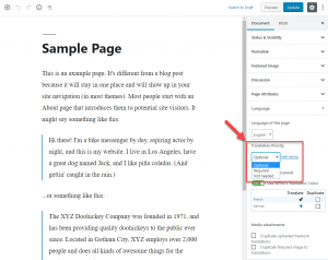 Translation Priority setting when editing a post or a page in Block editor