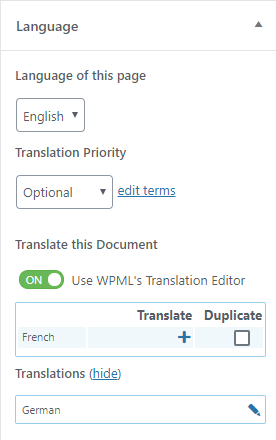 Окно WPML «Язык» во время редактирования страницы