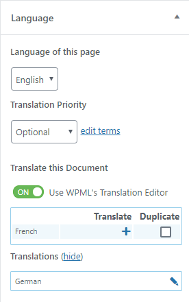 WPML Language box při úpravách stránky