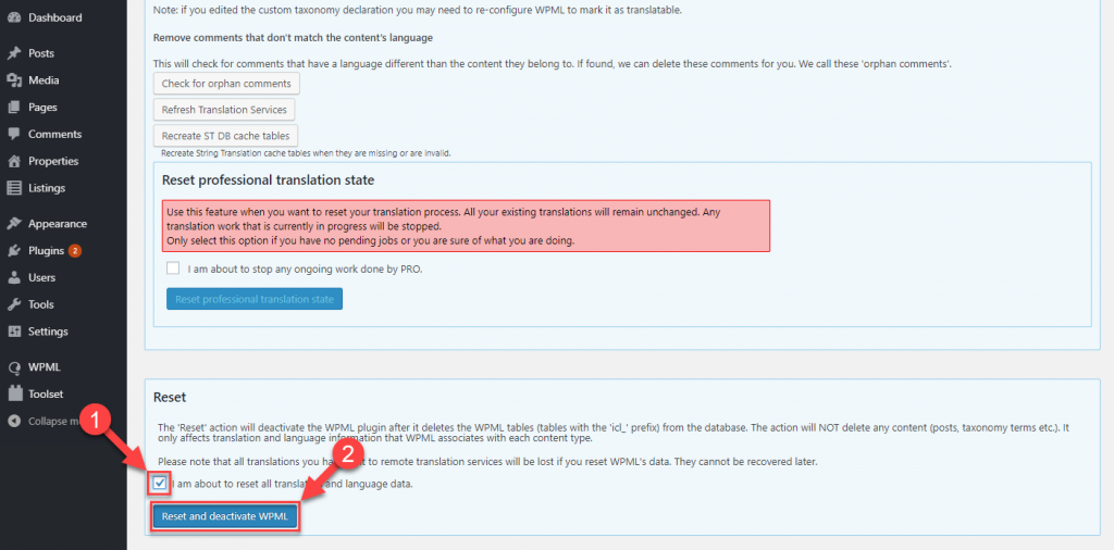 Reset and deactivate WPML