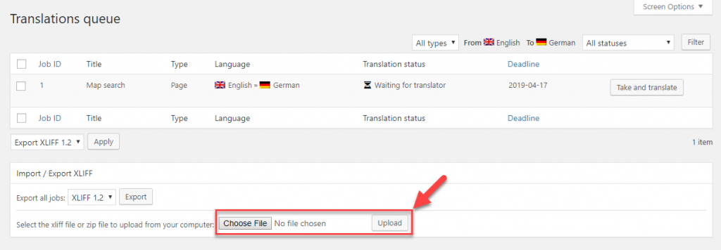 Importing XLIFF files from the translation jobs page