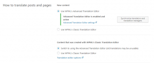 Selecting the translation editor for existing sites