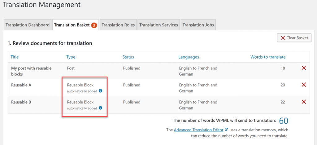 Translation Basket单独列出与可重用的内容块相关的工作